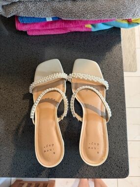 a new day Pearl-Trim Cream Slide Sandals